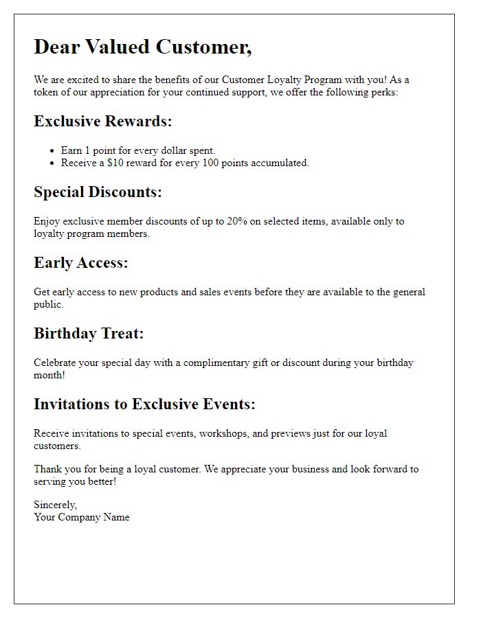 Letter template of detailing our customer loyalty program benefits