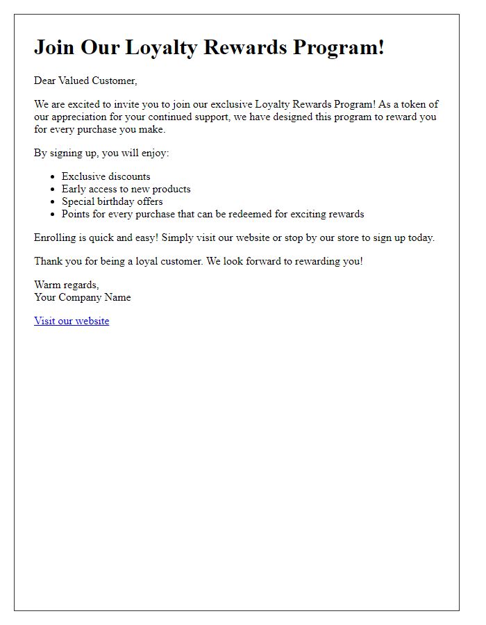 Letter template of inviting customers to join our loyalty rewards program