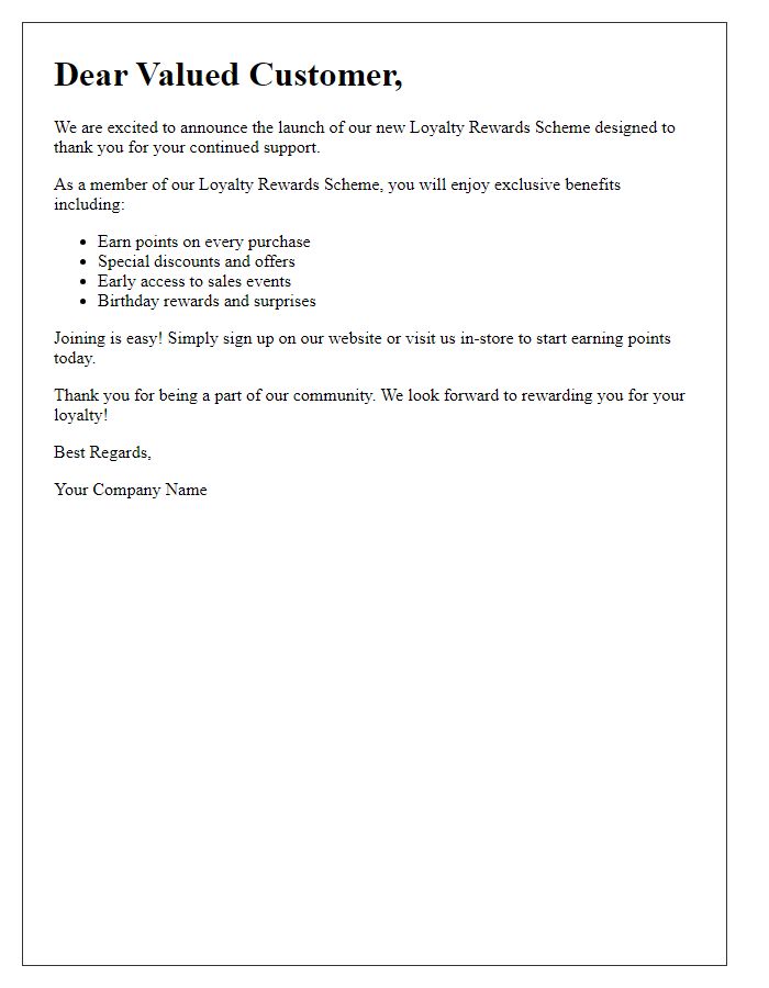 Letter template of notifying customers about our loyalty rewards scheme