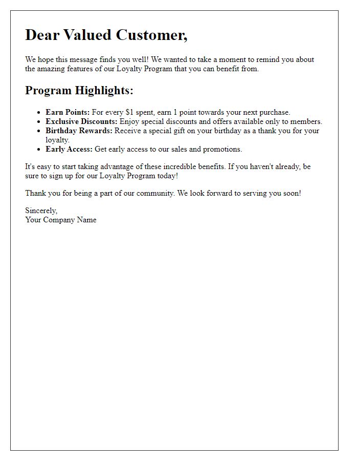 Letter template of reminding customers about our loyalty program features