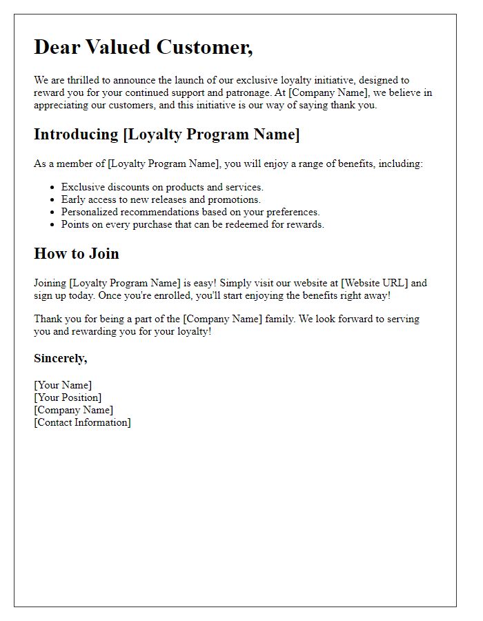 Letter template of unveiling our exclusive loyalty initiative for customers