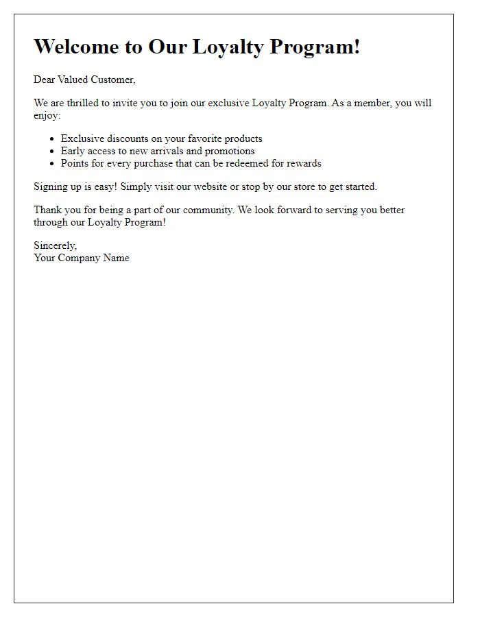 Letter template of welcoming customers to participate in our loyalty program