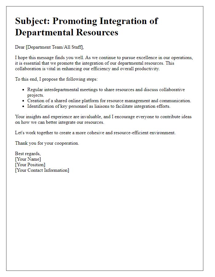 Letter template of promoting integration of departmental resources.