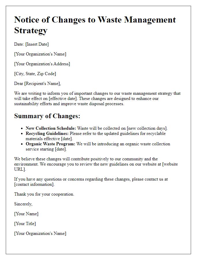 Letter template of changes to waste management strategy