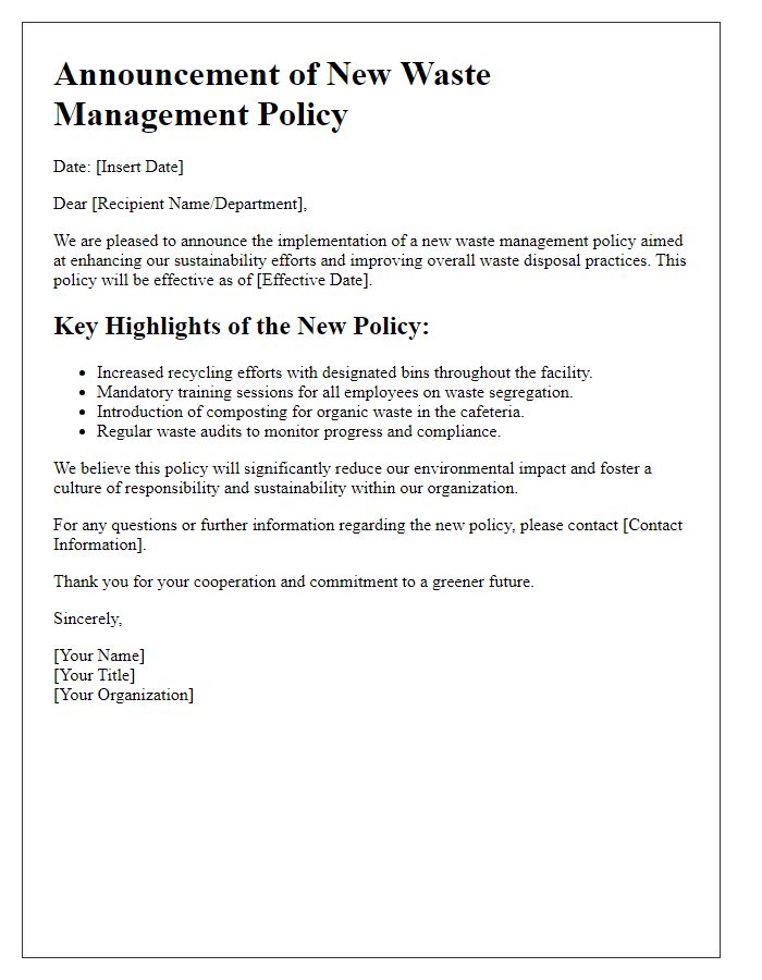 Letter template of new waste management policy announcement