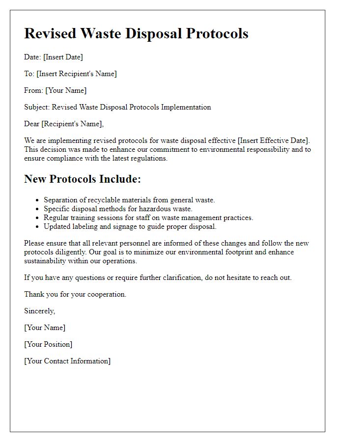 Letter template of revised waste disposal protocols