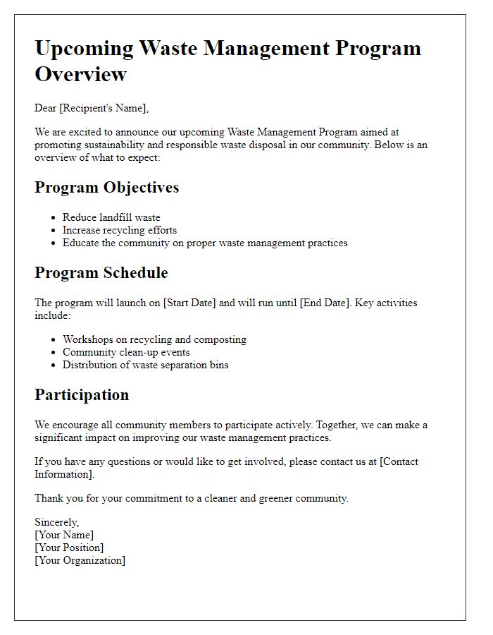 Letter template of upcoming waste management program overview