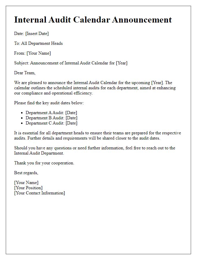 Letter template of internal audit calendar announcement