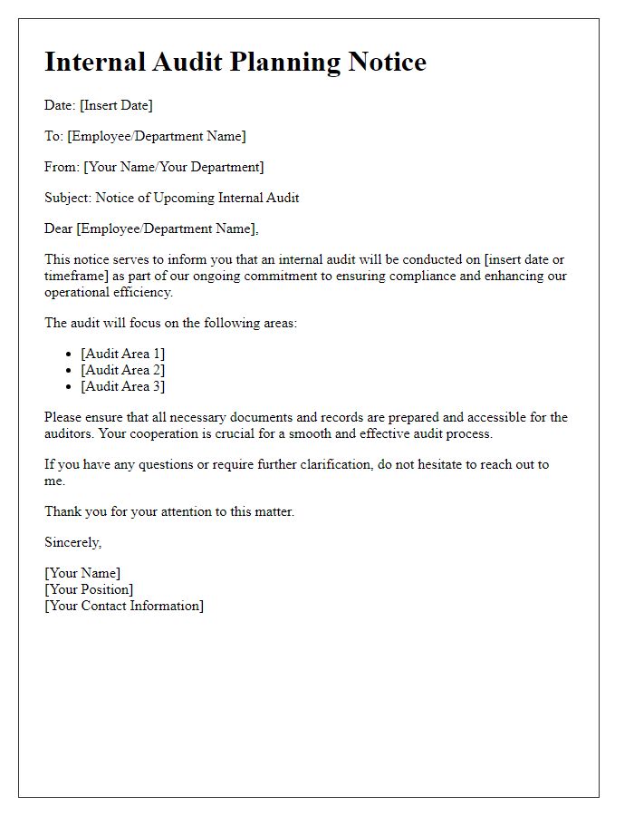 Letter template of internal audit planning notice