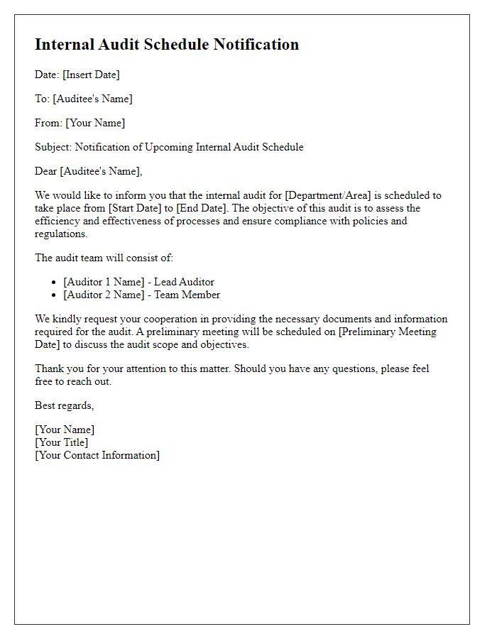 Letter template of internal audit schedule notification