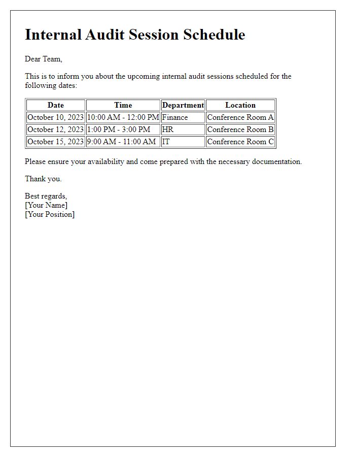 Letter template of internal audit session schedule