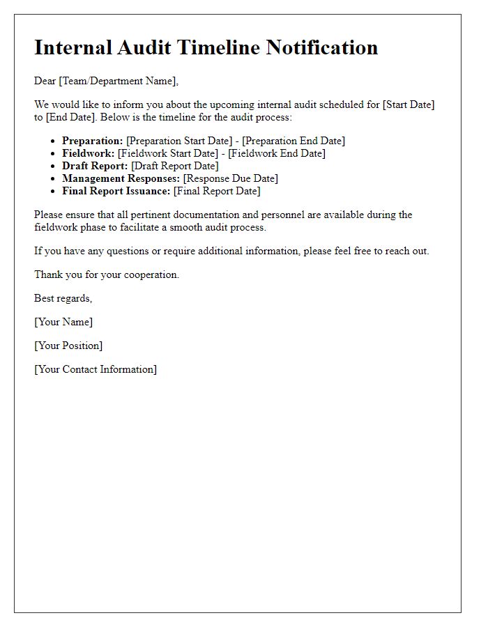 Letter template of internal audit timeline communication