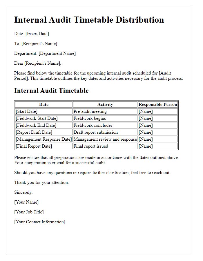 Letter template of internal audit timetable distribution