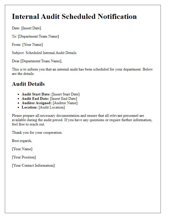 Letter template of scheduled internal audit details