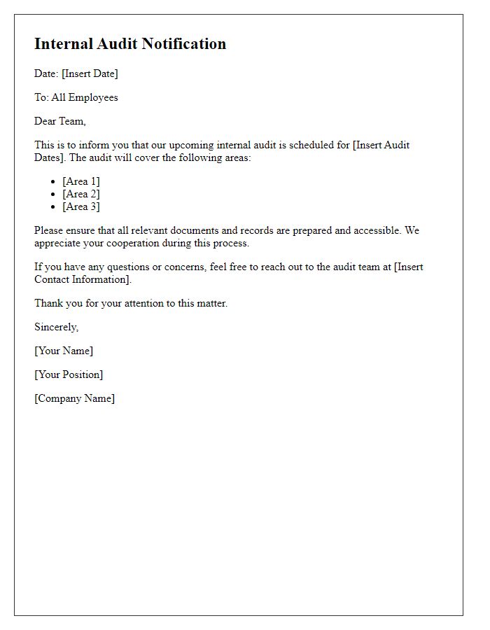 Letter template of upcoming internal audit notifications