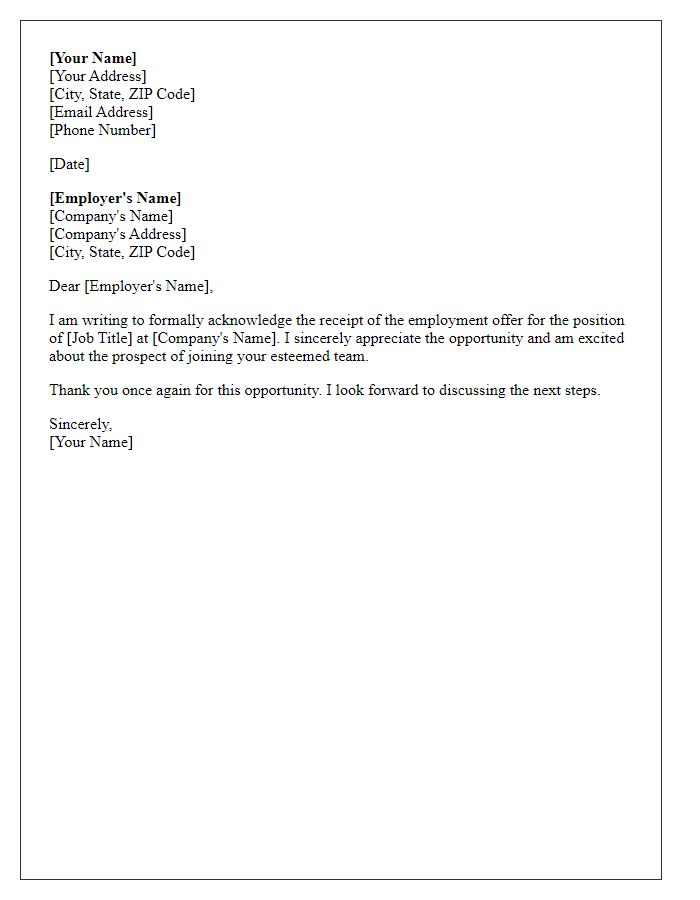 Letter template of acknowledgment of employment offer