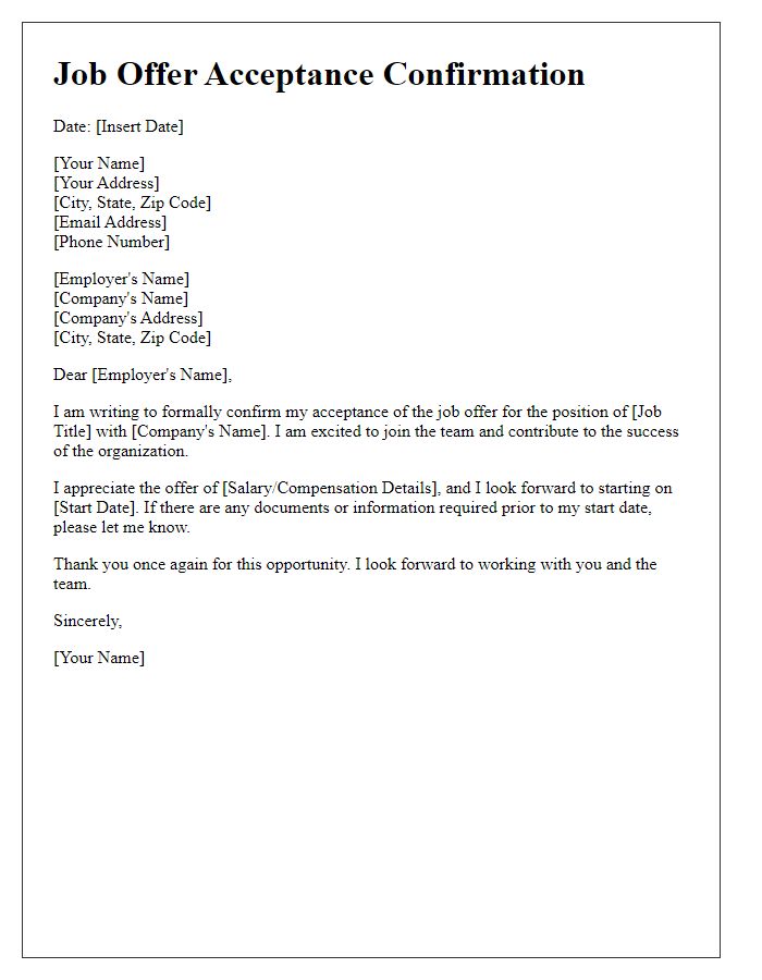 Letter template of confirmation for job offer acceptance