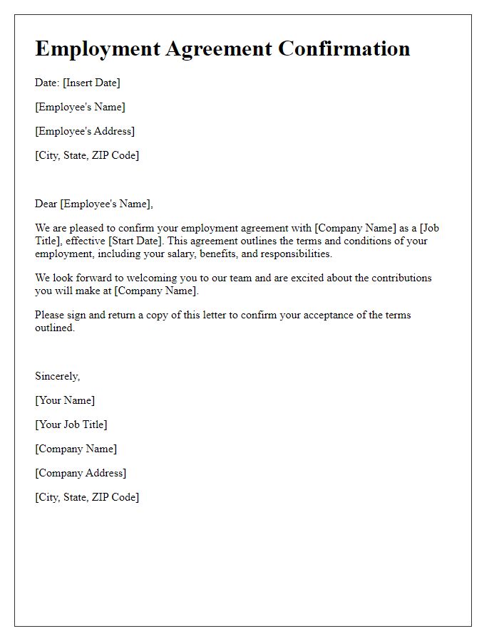 Letter template of confirmation regarding employment agreement