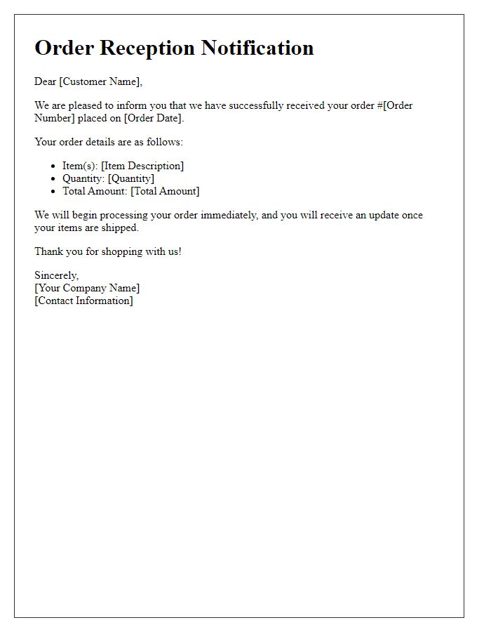 Letter template of notification for order reception