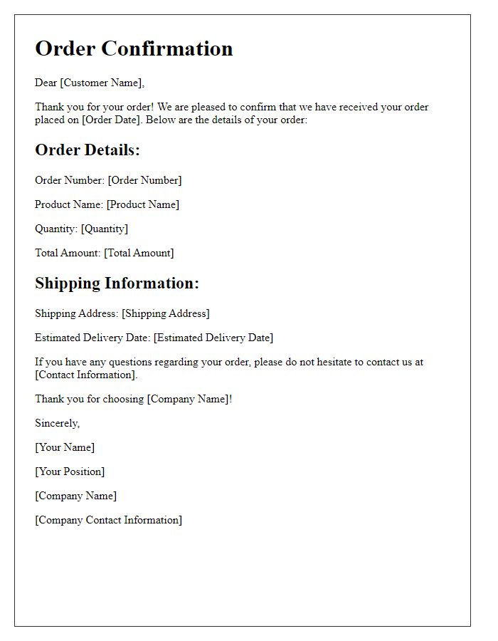 Letter template of order confirmation notice