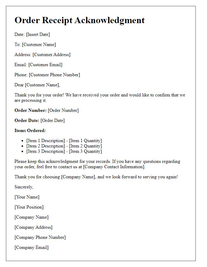 Letter template of order receipt acknowledgment