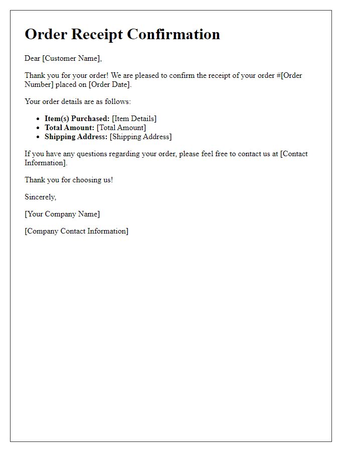 Letter template of receipt confirmation for order