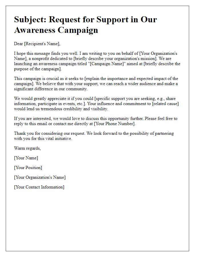 Letter template of outreach for awareness campaign support