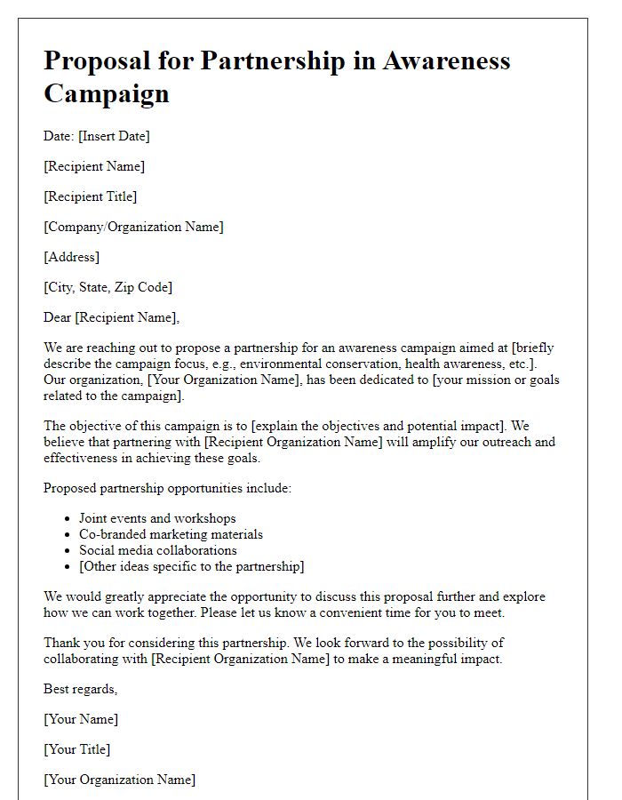 Letter template of proposal for awareness campaign partnership