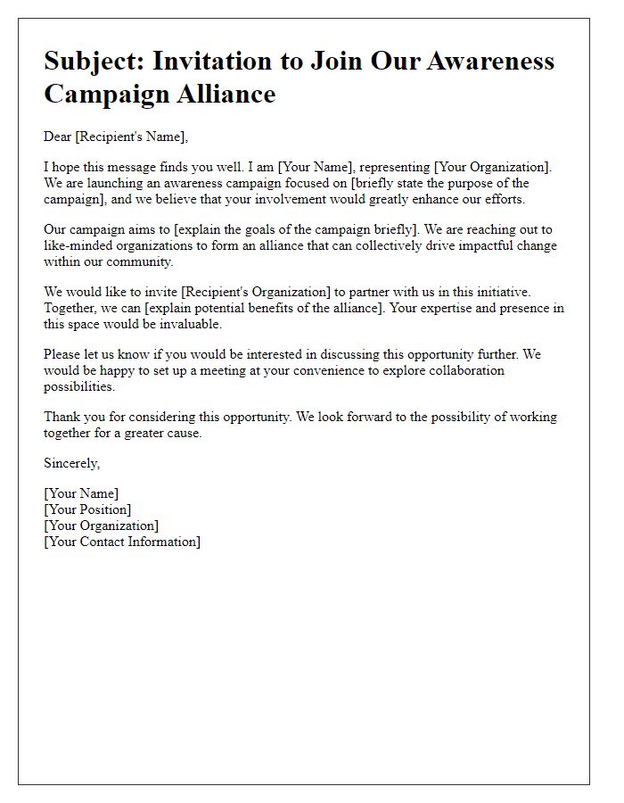 Letter template of solicitation for awareness campaign alliance