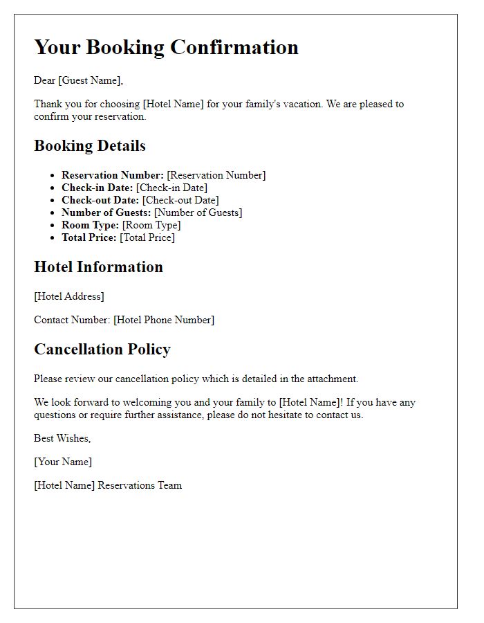 Letter template of hotel booking confirmation for family vacation.