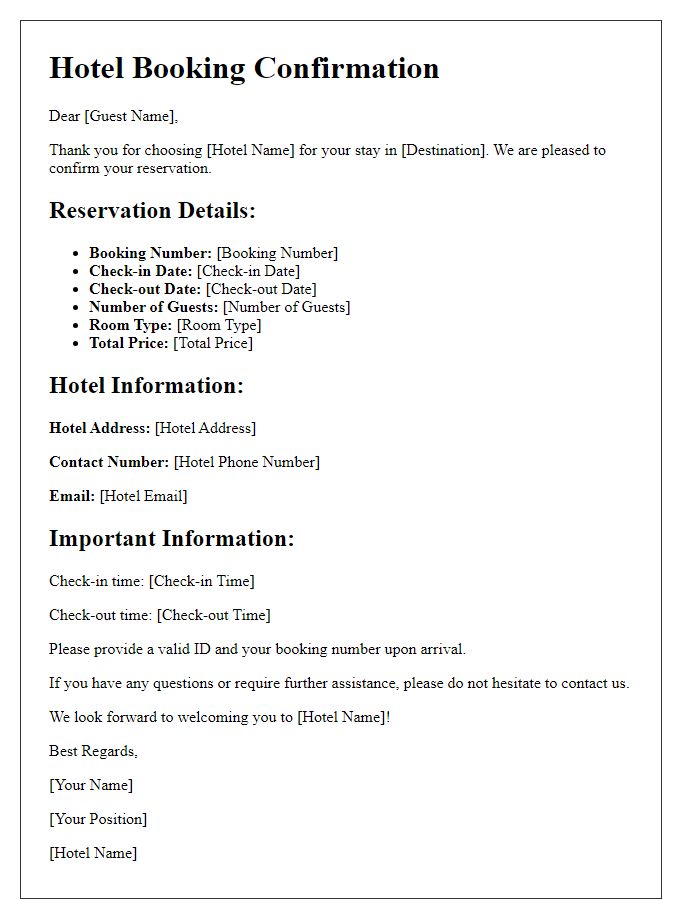 Letter template of hotel booking confirmation for international travelers.