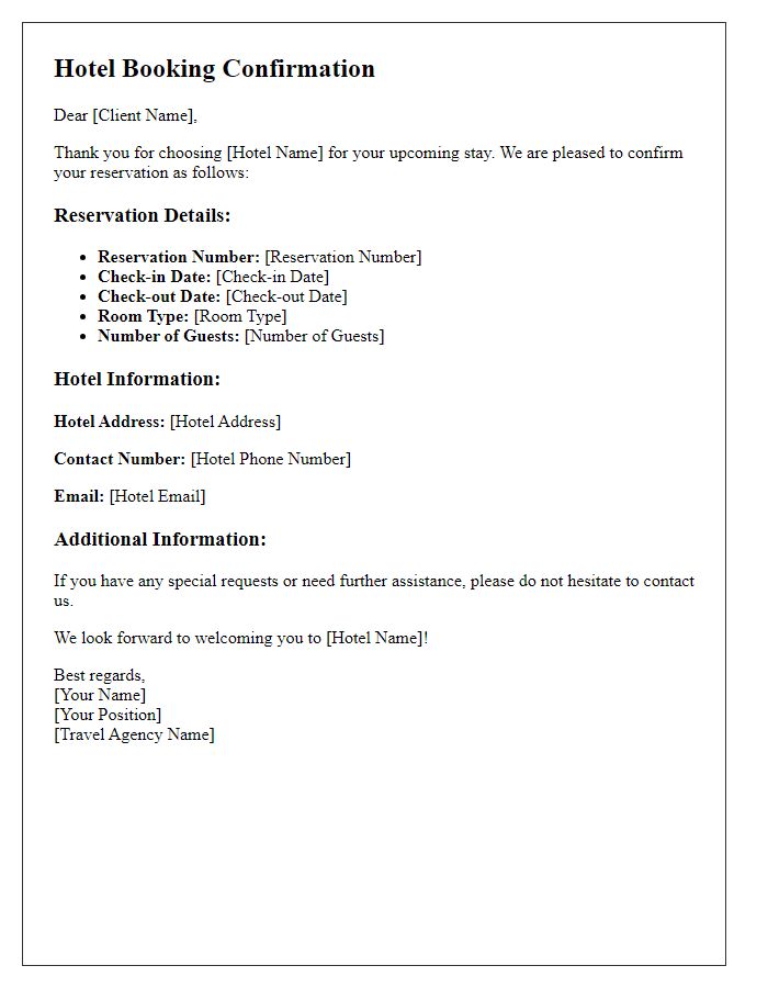 Letter template of hotel booking confirmation for travel agency clients.