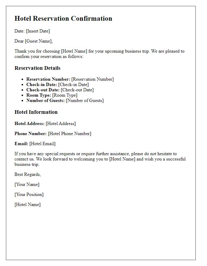 Letter template of hotel reservation confirmation for business trip.