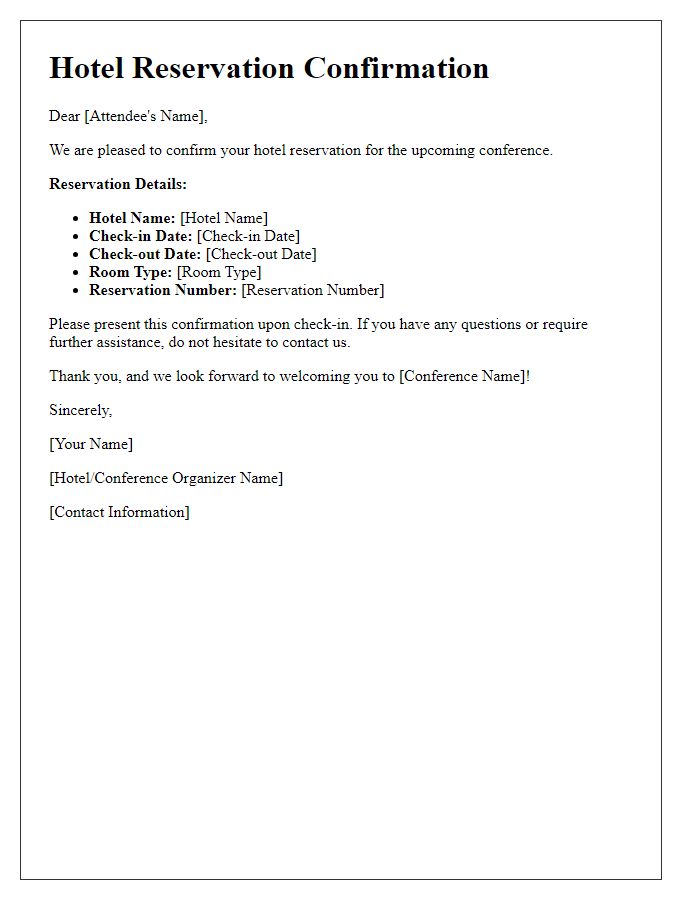 Letter template of hotel reservation confirmation for a conference attendee.