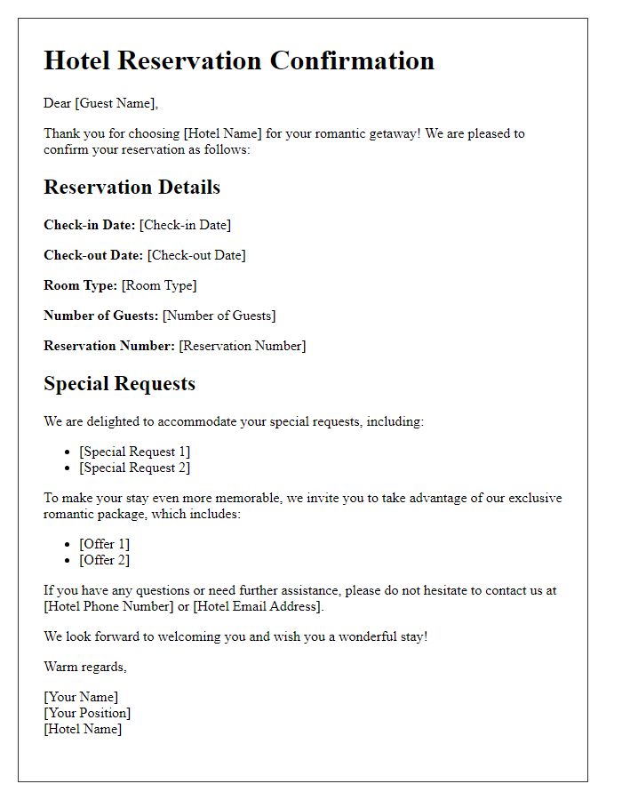 Letter template of hotel reservation confirmation for romantic getaway.