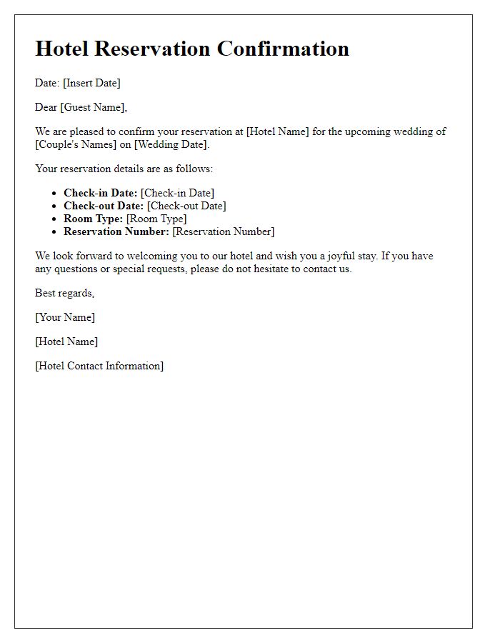 Letter template of hotel reservation confirmation for wedding guests.