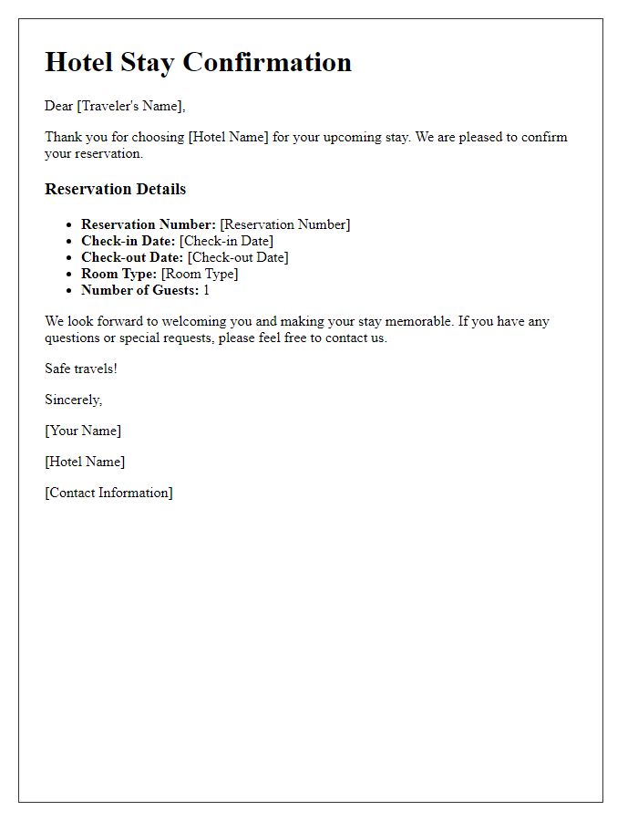 Letter template of hotel stay confirmation for solo travelers.