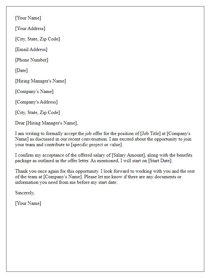 Letter template of acceptance of job offer