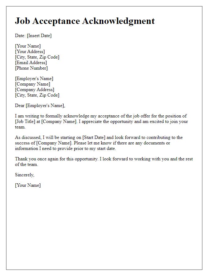 Letter template of acknowledgment of job acceptance