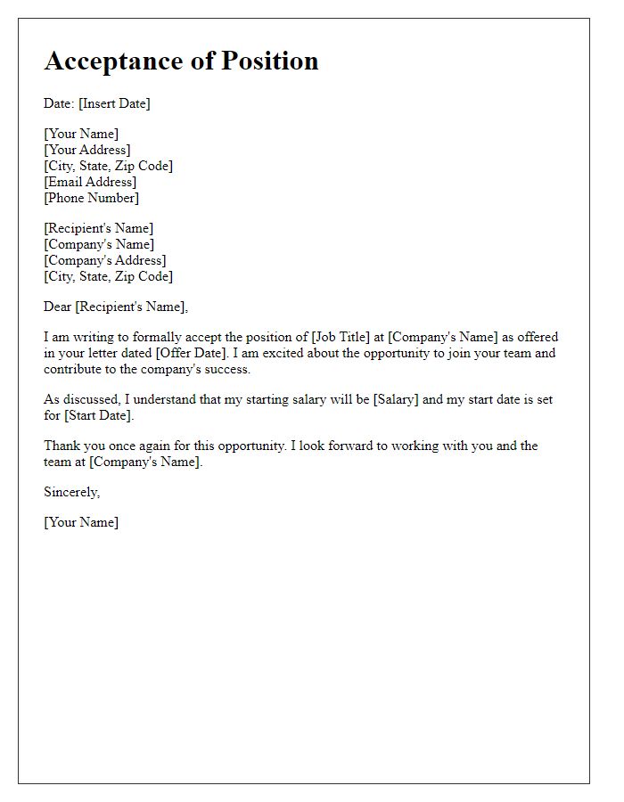 Letter template of official acceptance of position