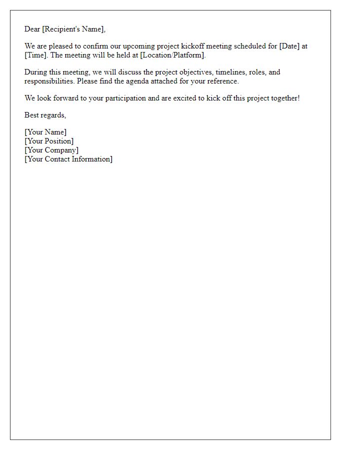 Letter template of confirmation for project kickoff meeting