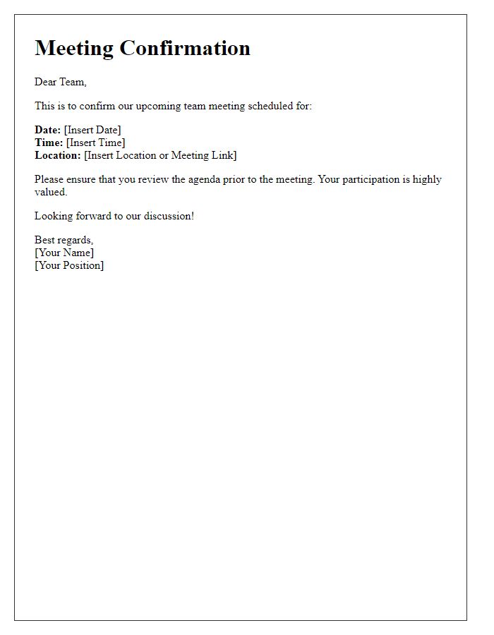 Letter template of confirmation for team meeting schedule