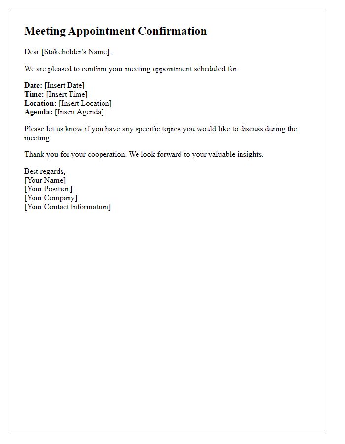 Letter template of meeting appointment confirmation for stakeholders