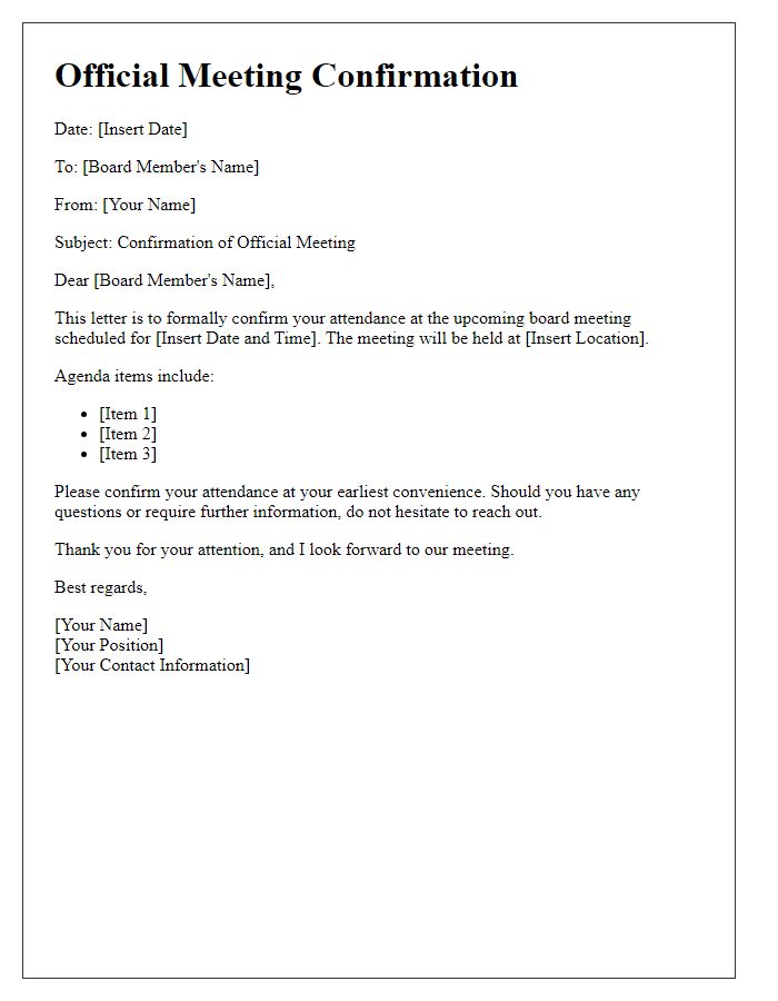 Letter template of official meeting confirmation for board members