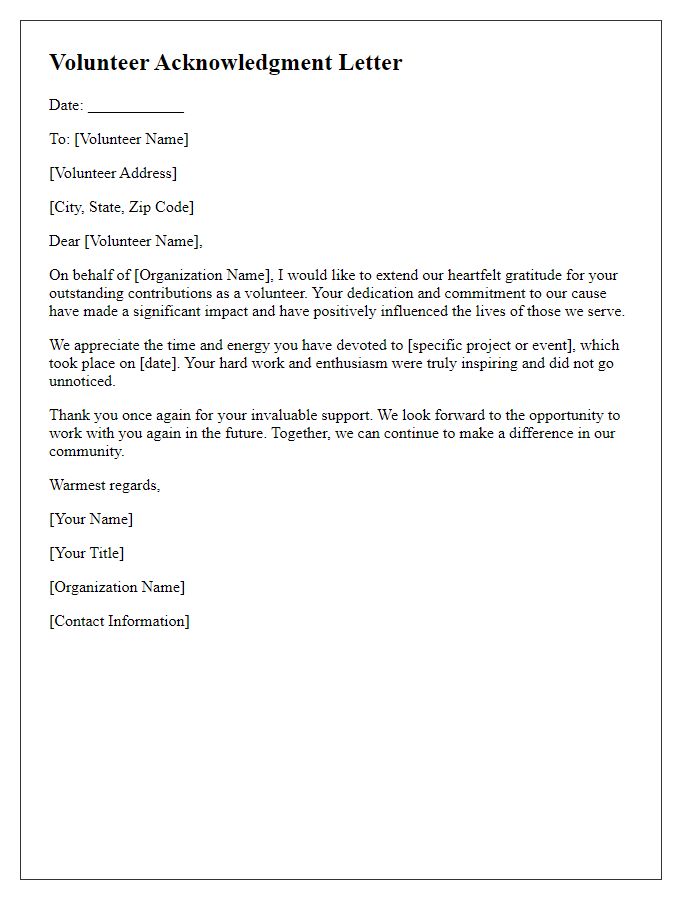 Letter template of acknowledgment for volunteer involvement