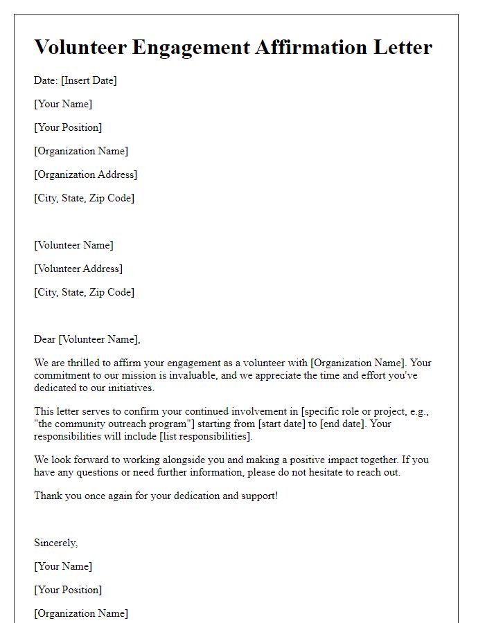 Letter template of affirmation for volunteer engagement