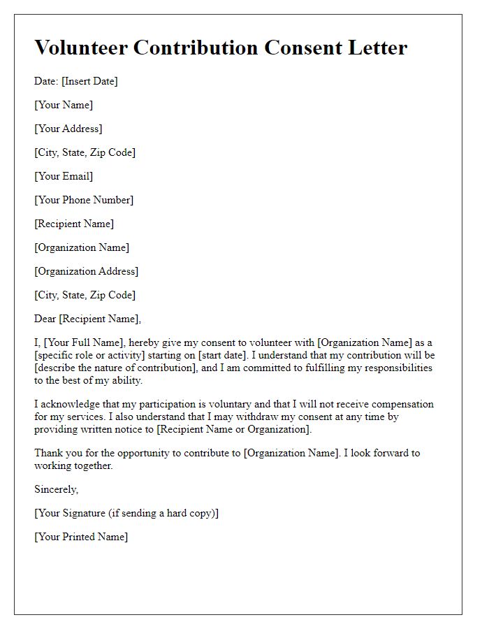 Letter template of consent for volunteer contribution