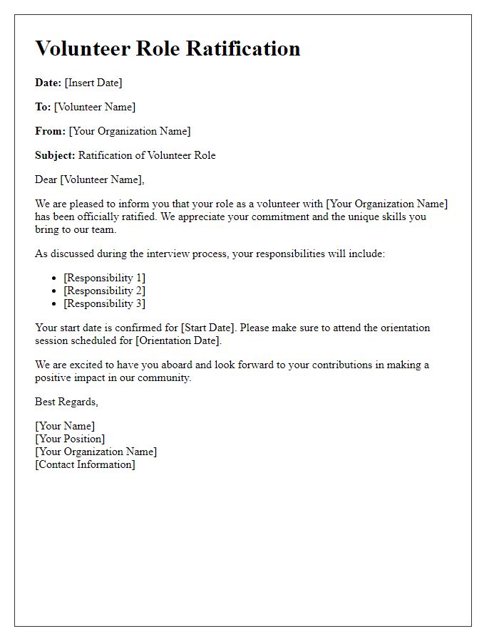 Letter template of ratification of volunteer role