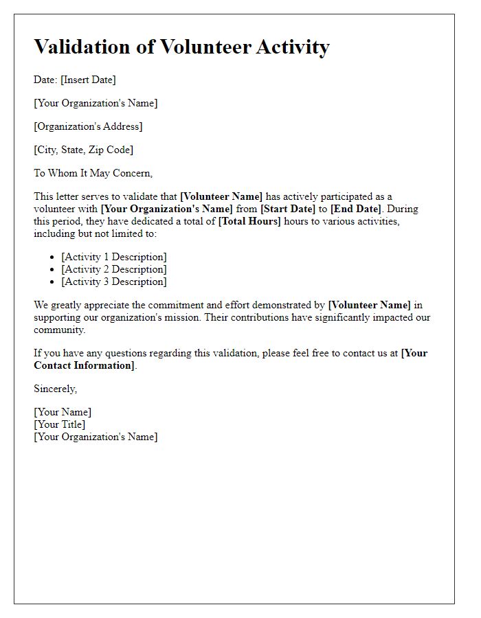 Letter template of validation for volunteer activity