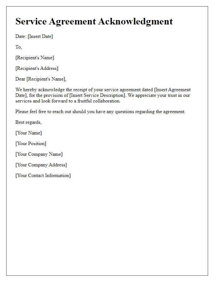 Letter template of Acknowledgment for Service Agreement